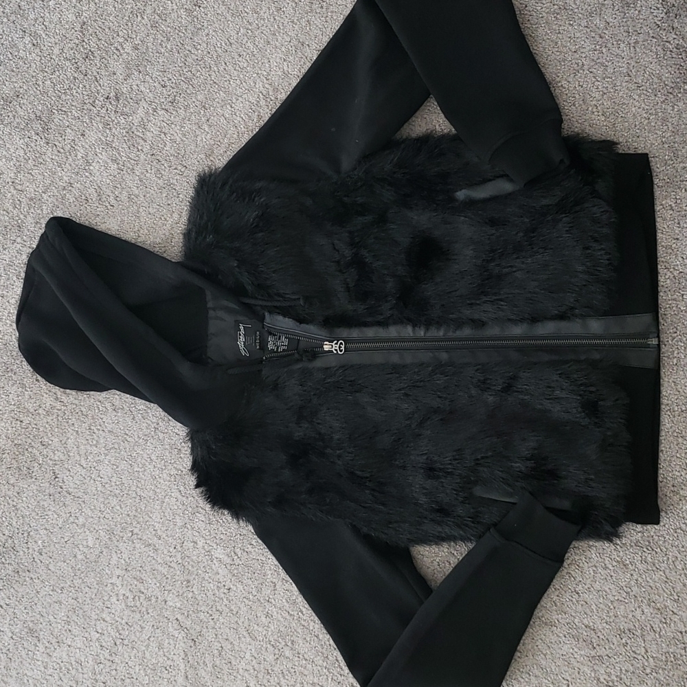 STUSSY Black Faux Fur Vest Hoodie Size Medium